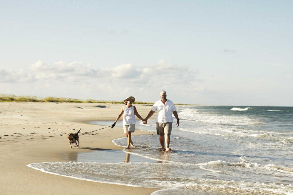 Senior couple walking dog along beach, holding hands