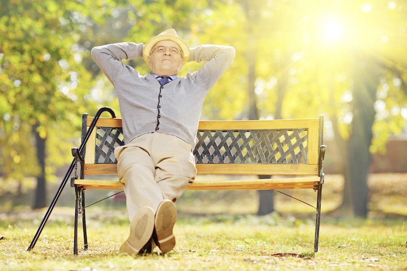 Relaxed senior gentleman sitting on wooden bench in a park