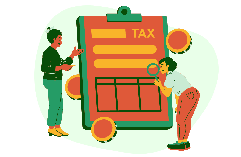 Graphic image featuring two individuals standing next to a clipboard with a 'tax' page. Engaged in tax planning, exploring strategies on 'how to reduce tax'