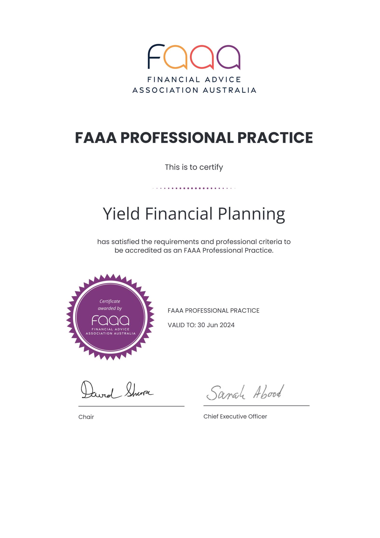 Yield Financial Planning is an FAAA approved practice
