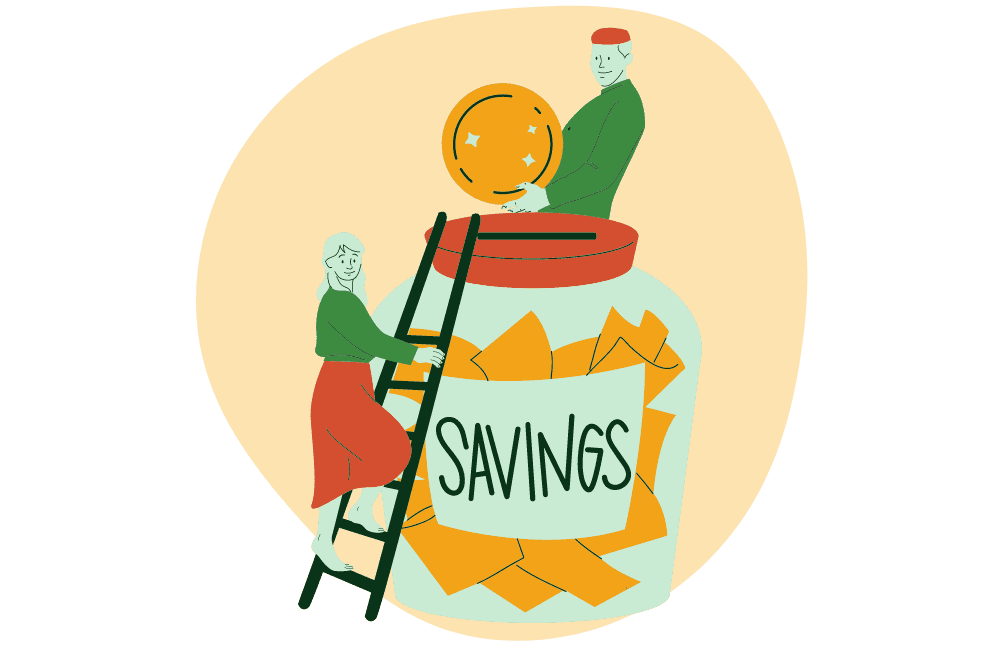 Animated depiction of a man and woman climbing a ladder on a savings jar in the foreground, symbolising their efforts to add concessional contributions and build substantial wealth for their retirement savings. 