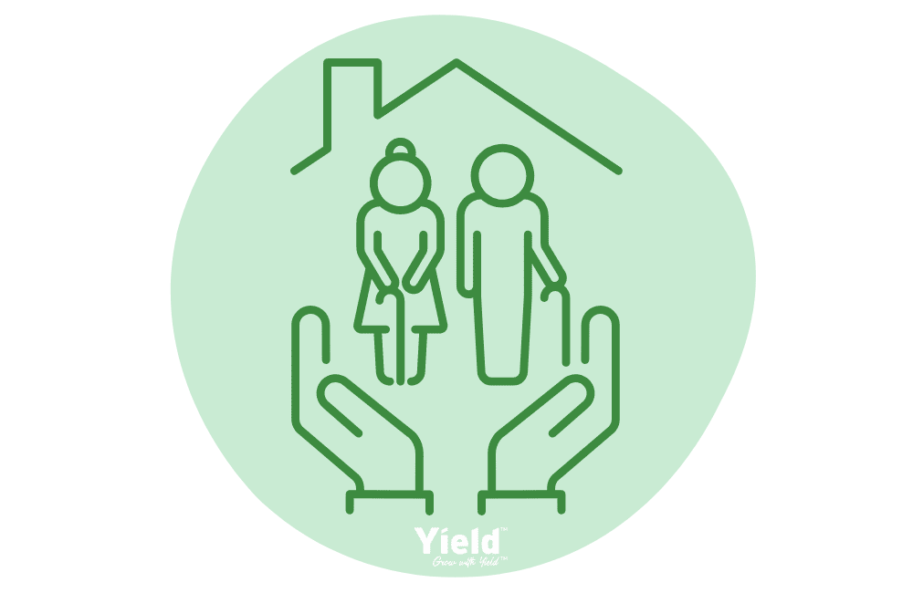 Green line graphic featuring an elderly couple under a roof, supported by hands below. Yield Financial Planning logo below, representing their aged care financial advice service. Offering support and guidance for individuals and families exploring aged care options.